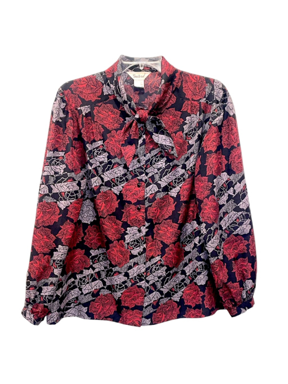 Vintage Gailord Womens Size 16 Floral Tie Neck Blouse Long Sleeve Black Red
